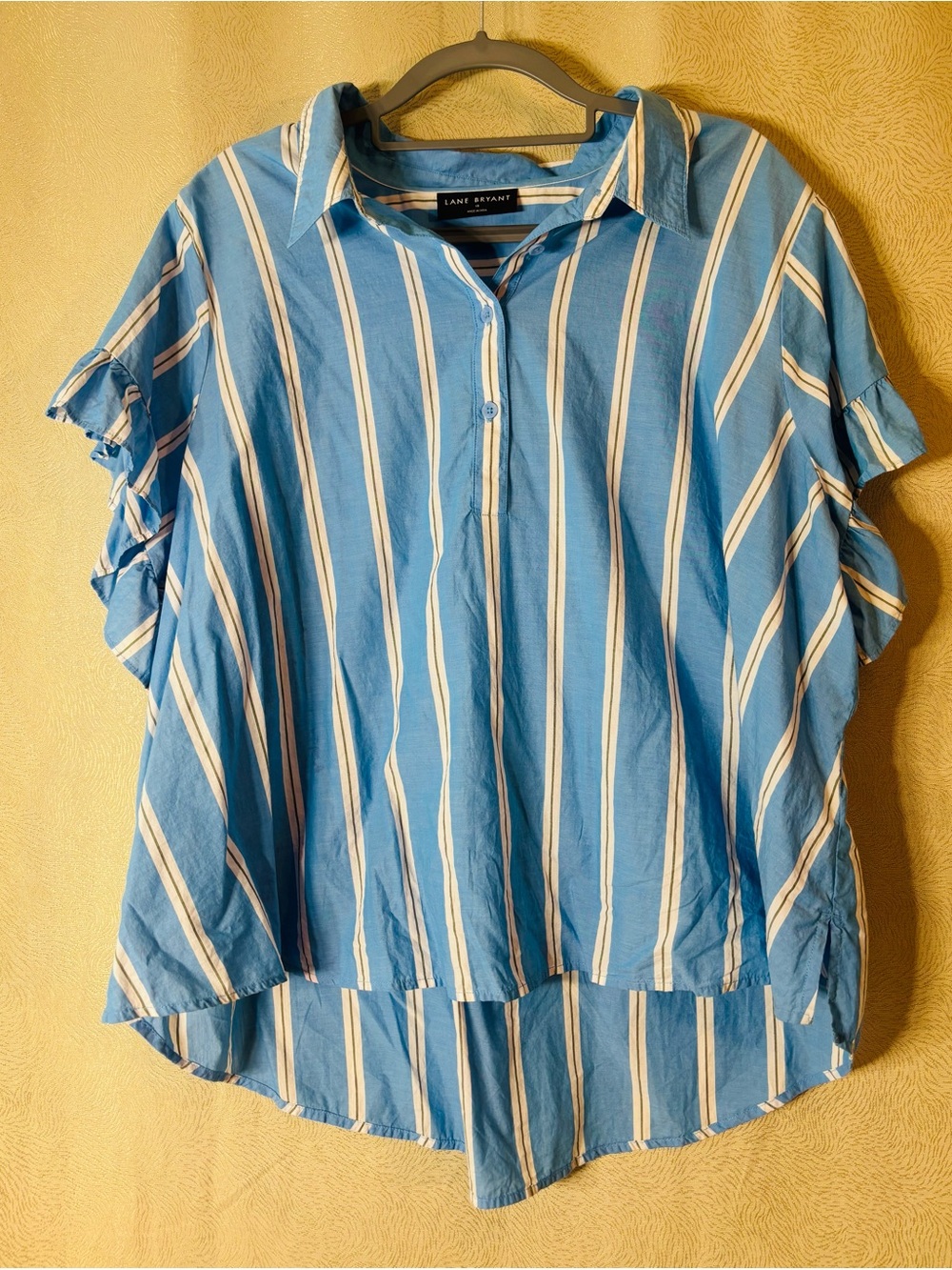 Lane Bryant Blue & White Striped Women’s Ruffle-Sleeve Button Top 0319